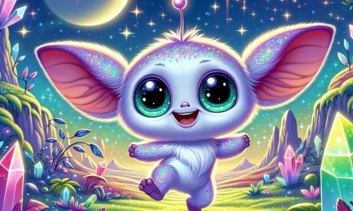 Zizzle, a small alien with lavender fur, large floppy ears, and sparkling emerald eyes, is joyfully dancing in a fairy-tale landscape surrounded by shimmering crystals reflecting bright colors. His antenna shines brightly, showing his happiness. Next to him, Glim, a small round being with shiny scales and friendly eyes, smiles enthusiastically, bouncing in place. The setting is a magical planet covered in sparkling crystals and vibrant plants swaying gently in a light breeze. The deep blue sky is dotted with twinkling stars, and a soft golden light bathes the landscape. The main scene shows Zizzle and Glim celebrating their friendship, sharing laughter and stories under a starry sky, illustrating the magic of their intergalactic encounter.