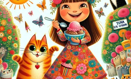 Una niña de 8 años, llamada Sofía, con largos cabellos castaños y ojos llenos de curiosidad, está en el centro de la escena, sonriendo y sosteniendo un plato de helado de atún. Lleva un vestido colorido con estampados de flores y calcetines rayados. A su lado, su gato naranja, Gato, con ojos brillantes y pelaje sedoso, está de pie sobre sus patas traseras, bailando alegremente con un poco de helado en la nariz. El fondo es un jardín soleado, lleno de flores coloridas y árboles verdes, con un gran árbol en el centro donde un cartel dice 