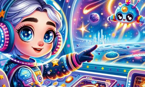 Uma jovem mulher, Lira, piloto de cabelos prateados, está sentada na cabine de sua nave espacial, a Nebulosa. Ela tem olhos brilhantes e determinados, e seu rosto expressa curiosidade misturada com excitação. Usa um traje espacial cintilante, adornado com estrelas e padrões galácticos, enquanto ajusta os controles de sua nave. Ao lado dela, um pequeno robô chamado Zippy, com uma carcaça azul e olhos redondos, flutua no ar, emitindo bip alegres. Zippy é um companheiro fiel, sempre pronto para ajudar Lira em suas aventuras. O cockpit da Nebulosa está cheio de luzes coloridas e telas exibindo mapas estelares. Do lado de fora, uma paisagem cósmica se estende à vista, com planetas de cores vivas e asteroides cintilantes flutuando no espaço. A cena principal mostra Lira examinando a tela de sua nave, descobrindo uma misteriosa nave cercada por poeira mágica, enquanto um sentimento de aventura emocionante a invade.