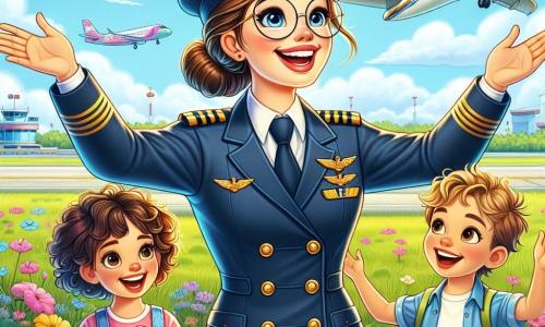 In the center of the image, a female pilot, Captain Amelia Hart, stands with a big radiant smile on her face. She wears a navy pilot uniform with golden insignia, and her brown hair is neatly tied up in a bun. Amelia stands next to a colorful small airplane, arms open as if welcoming children to an adventure. To her right, a boy named Leo, around 8 years old, with messy blonde hair and round glasses, looks at Amelia with bright eyes of excitement. He holds a paper airplane model he just made. To the left, Mia, a 7-year-old girl with curly hair and a pink t-shirt, raises her arms in the air, mimicking flight, her face lit up with joy. The setting takes place in a green field near an airport, with airplanes in the background and a blue sky dotted with fluffy white clouds. Colorful flowers line the field, adding a touch of magic to the scene. The main situation shows Amelia sharing her love of flying with the children, encouraging them to dream big and believe in their abilities as they enjoy pretending to fly and discovering the world of aviation.
