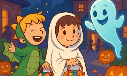 Hay 3 personajes: - Lucas: un niño de 9 años, con el cabello castaño desordenado y ojos llenos de curiosidad. Lleva un disfraz de pequeño fantasma blanco, con una sábana que flota a su alrededor. Está en el centro, con una sonrisa tímida en el rostro. - Tomás: un niño de 9 años, con cabello rubio y mucha energía. Está disfrazado de dragón verde brillante, con escamas relucientes y alas desplegadas. Se encuentra a la izquierda de Lucas, riendo y señalando hacia la casa. - Un fantasma amigable: una criatura translúcida, flotando a la derecha de Lucas, con una gran sonrisa y ojos redondos. Tiene un ligero brillo azul y brazos que se mueven suavemente, como si estuviera bailando en el aire. El lugar se desarrolla en una calle animada del pueblo de Villacaramelo, decorada con linternas naranjas y telarañas. Las casas están adornadas con calabazas esculpidas con caras sonrientes y luces centelleantes que crean un ambiente mágico. Niños disfrazados corren alegremente, llenando sus bolsas de dulces. La situación principal muestra a Lucas y Tomás, rodeados de caramelos coloridos, riendo con el fantasma amigable que los guía hacia una casa misteriosa. Las estrellas brillan en el cielo nocturno, añadiendo un toque de magia a esta noche de Halloween.