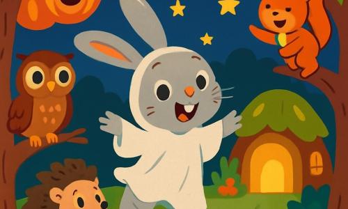 Ein kleiner grauer Hase namens Hoppel mit großen Ohren und funkelnden Augen trägt ein glitzerndes Gespensterkostüm. Er hüpft fröhlich unter einem sternenklaren Himmel mit einem breiten Lächeln im Gesicht. Neben ihm sitzt eine weise Eule mit braunen Federn auf einem Ast und beobachtet mit einem wohlwollenden Blick, ihre runden Augen glänzen vor Neugier. Ein kleiner Igel namens Igor steht neben Hoppel mit einem bewundernden Ausdruck, während ein schelmisches Eichhörnchen namens Susi mit einem buschigen Schwanz auf einen Baum klettert und fröhlich lacht. Die Szenerie ist ein verzauberter Wald, in dem die knorrigen Baumstämme mit goldenen und roten Blättern geschmückt sind, beleuchtet von Kürbislaternen, die in der Luft schweben. Im Mittelpunkt der Szene entdecken Hoppel und seine Freunde eine kleine geheimnisvolle Hütte, umgeben von leuchtenden Blumen und bunten Pilzen. Hoppel, voller Begeisterung, ist bereit, in die magische Hütte zu gehen, während seine Freunde ihn mit strahlenden Lächeln ermutigen.