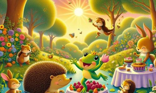 Una piccola rana di nome Gina, con la pelle verde brillante e gli occhi scintillanti di gioia, salta su una grande foglia di ninfea, con un grande sorriso sul volto. Accanto a lei, un riccio di nome Riccardo, con il suo pelo marrone e le sue spine a forma di piccole punte, è occupato a decorare un tavolo con fiori colorati, mentre assapora una deliziosa torta di bacche. Sullo sfondo, una lepre di nome Lilli, con grandi orecchie e pelo beige, raccoglie carote colorate in un campo fiorito, ridendo allegramente. La scena si svolge in una foresta incantata, illuminata dalla luce dorata del sole al tramonto, con alberi maestosi e fiori vivaci che danzano al vento. La situazione principale mostra Gina e i suoi amici intenti a preparare una festa gioiosa, piena di risate, musica e delizie, creando un'atmosfera festosa e amichevole.