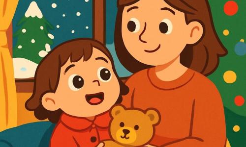 Una niña de 2 años, llamada Lucía, con grandes ojos brillantes y una sonrisa radiante, lleva un bonito abrigo rojo y sostiene un suave osito de peluche en sus brazos. Está maravillada, mirando los copos de nieve que caen suavemente del cielo. Su mamá, una mujer de unos 30 años con cabello castaño, lleva un suéter cómodo. Está sentada al lado de Lucía, envuelta en una suave manta, y sonríe tiernamente a su hija. La escena transcurre en el interior de una casa acogedora, con un gran árbol de Navidad iluminado con luces brillantes y decoraciones coloridas. A través de la ventana, se puede ver la nieve cubriendo el jardín, creando un paisaje de ensueño. Lucía y su mamá comparten un momento de felicidad, rodeadas de calidez y luz, mientras los copos de nieve bailan afuera.
