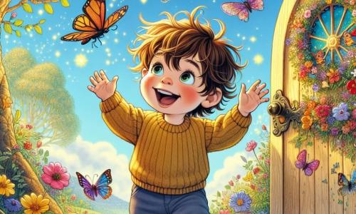 Un bambino di un anno, Leo, con capelli castani disordinati e grandi occhi curiosi, si trova davanti a una piccola porta magica in legno decorata con fiori colorati. Sorride meravigliato, con le braccia alzate come se fosse pronto a entrare in un mondo fantastico. Accanto a lui, farfalle multicolori, con ali brillanti e scintillanti, volano gioiosamente attorno a lui. Sono piccole e delicate, sembrano danzare nell'aria, aggiungendo un tocco di magia alla scena. Il luogo è un giardino incantevole, pieno di fiori vivaci e alberi con foglie dorate, sotto un cielo blu chiaro punteggiato di nuvole bianche e soffici. La luce del sole filtra tra i rami, creando ombre danzanti sul terreno. La scena principale mostra Leo, pronto ad aprire la porta magica, con le farfalle che lo incoraggiano a entrare nel meraviglioso mondo che lo aspetta dall'altra parte.