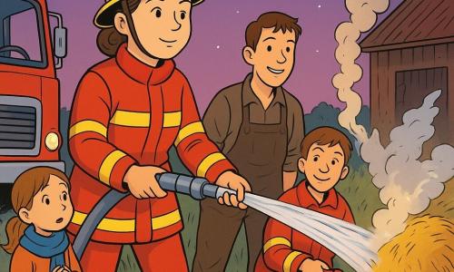 Die Hauptfigur ist die Feuerwehrfrau Lena, rundes Gesicht, braune Haare hochgesteckt, konzentrierter, beruhigender Blick, ruhiger, entschlossener Ausdruck; sie trägt eine glänzend rote Feuerwehrjacke mit Reflektorstreifen, Helm auf dem Kopf und hält einen Schlauch, aus dem ein klarer silbrig glänzender Wasserstrahl auf eine qualmende Strohballen zielt. Tim ist ein etwa 16-jähriger Junge mit kurzen Haaren, spielerischem, aber aufmerksamen Lächeln; er steht neben Lena, ein Knie leicht gebeugt, hält eine kleine Handlanze wie eine große Wasserpistole in Hilfeposition, die Einsatzkleidung etwas zu groß. Jule ist ein etwa 7-jähriges Mädchen, klein, mit zu langem Schal, weit aufgerissenen Augen voller Staunen; sie steht links vor der Gruppe in sicherer Entfernung, die Hände gefaltet, neben ihrer Mutter. Bauer Hannes ist ein etwa 50-jähriger Mann mit sonnengegerbtem, runzligem Gesicht, brauner Latzhose, die Hände im Rücken, zurückhaltend und erleichtert, bereit zu helfen. Schauplatz ist der Rand eines Feldes in der Abenddämmerung: eine kleine Holscheune, halb rauchend, goldene Strohballen, hohen Gräser, violetter Himmel mit den ersten Sternen, rote und chromglänzende Scheinwerfer des Feuerwehrwagens spiegeln Licht. Szene: ruhiger, geordneter Einsatz zur Löschung eines kleinen Strohfeuers — präziser Wasserstrahl, weiße Dampfwolken, die sich auflösen, gelassene Gesichter, koordinierte Gesten, Atmosphäre von Sicherheit und Zusammenarbeit; Stil: klare Farben, deutliche Konturen, stilisierte Holz- und Rauchtexturen, Komposition zentriert auf Lena und den Schlauch.