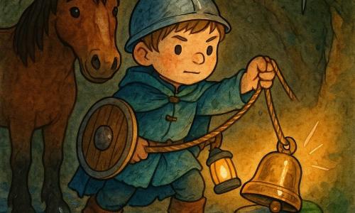 Un ragazzo cavaliere, Leo, volto dolce e concentrato, espressione determinata e benevola, indossa un mantello blu logoro, piccolo scudo tondo di legno e stivali di cuoio impastati di fango; tira una corda per liberare una campanella di bronzo incastrata in una base di pietra. Un cavallo bruno compatto, calmo e attento, è dietro a sinistra, narici frementi e zoccoli su sassi bagnati. La campanella bronzea, consumata e lucida a tratti, è parzialmente uscita da un piedistallo di pietra con frammenti di muschio verde. La scena è in una grotta bassa e accogliente con pareti di roccia grigia, gocce d'acqua, muschio e sottili stalattiti; una lanterna giallo-arancione nella mano del cavaliere illumina dolcemente. Primo piano sul cavaliere che tira la corda, muscoli tesi, corda che sfrega sulla pietra, campanella che si allenta con un bagliore sul bronzo; atmosfera sicura e rassicurante, contrasti scuri e tocchi acquerellati di blu, verde e giallo; composizione chiara, personaggi centrati, stile semplice e leggibile per i più piccoli.