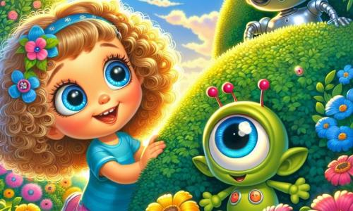 Una niña de 6 años, Lila, con grandes ojos brillantes y cabello rizado, sonríe con asombro al descubrir a un pequeño extraterrestre verde, suave y con tres ojos brillantes, escondido detrás de un gran arbusto azul. A su lado está Noti, un robot de metal plateado, con luces parpadeantes y una cara amigable, que hace ruidos divertidos. El jardín está lleno de flores coloridas, mariposas revoloteando y un cielo azul brillante, creando una atmósfera alegre y mágica. Lila se agacha, con las manos en las rodillas, mientras Zupi, el extraterrestre, sale tímidamente de su escondite, curioso y un poco asustado. La escena muestra el momento en que estos dos amigos improbables comienzan a conocerse, rodeados de la belleza del jardín soleado.