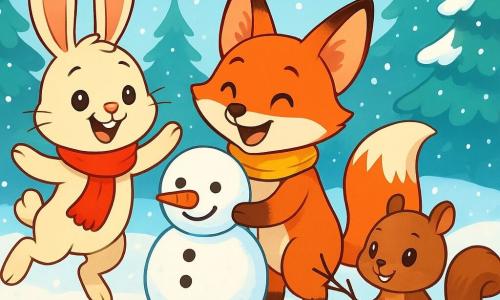 Um coelhinho travesso chamado Lino, com pelagem suave e sedosa de cor creme, usa um cachecol vermelho vibrante e exibe um grande sorriso alegre. Ele está pulando na neve cintilante, suas grandes orelhas se levantando com entusiasmo. Ao lado dele, uma raposa chamada Mica, com pelagem laranja brilhante e olhos cintilantes de curiosidade, constrói um boneco de neve, rindo de felicidade. Um esquilo chamado Téo, com pelagem marrom e uma cauda espessa, observa um pouco afastado, segurando um galho, com um ar tímido mas sorridente, pronto para se juntar aos amigos. A cena acontece em uma clareira encantada, cercada por altos pinheiros cobertos de neve, onde a luz do sol de inverno brilha através dos galhos, criando reflexos cintilantes no chão. Os flocos de neve caem suavemente, adicionando um toque mágico à atmosfera. Lino e seus amigos se divertem juntos, rindo e brincando na neve, criando memórias alegres sob o céu azul claro, cheias de calor e amizade.
