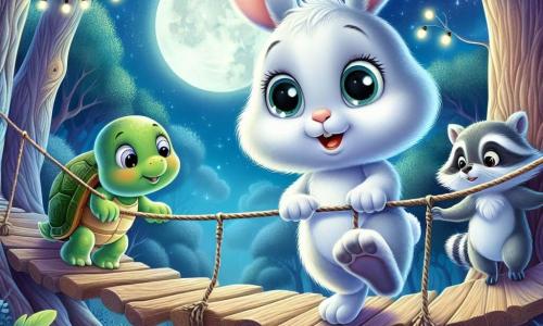 Un pequeño conejito llamado Lino, con un pelaje blanco brillante y grandes orejas, se encuentra valientemente al borde de un puente colgante, su rostro expresando tanto miedo como determinación. Observa hacia adelante, listo para saltar, con ojos brillantes y una pequeña nariz rosa. A su lado, su mejor amiga, la tortuga Tina, con un caparazón verde y ojos dulces, lo mira con una expresión de aliento, sus patas delanteras apoyadas en el borde del puente. Un poco más lejos, el ratón Miguelito, un pequeño roedor de pelaje gris y grandes orejas, se esconde detrás de un árbol, su rostro mostrando ligera preocupación, pero sonríe para apoyar a su amigo. El lugar es un bosque encantado, bañado por la luz de la luna, donde los árboles de troncos nudosos y hojas brillantes crean sombras misteriosas en el suelo. El puente, hecho de cuerdas y tablas de madera, parece frágil, suspendido sobre un profundo abismo, añadiendo un toque de suspense a la escena. La situación principal muestra a Lino, listo para enfrentar su miedo al cruzar el puente, mientras sus amigos lo animan, ilustrando el tema de la valentía frente a lo desconocido y la importancia de la amistad.