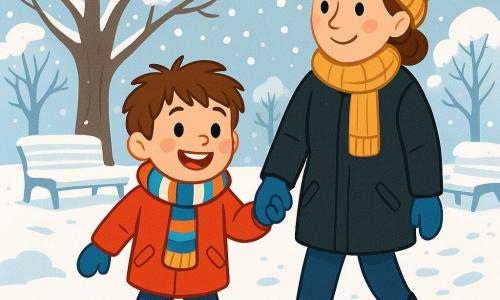 Un ragazzo di 6 anni, con capelli castani arruffati e guance rosate, indossa un grande cappotto rosso, una sciarpa a righe e guanti blu. Ha un sorriso splendente e occhi brillanti di gioia mentre cammina nella neve. Accanto a lui, sua madre, una donna di circa trent'anni con capelli castani raccolti in uno chignon, indossa un cappotto nero e un berretto di lana. Sorride teneramente e tiene per mano il figlio, incoraggiandolo a esplorare il parco. Il luogo è un parco invernale, con alberi maestosi coperti di neve scintillante, panchine bianche e fiocchi di neve che cadono dolcemente da un cielo grigio chiaro. La scena principale mostra il ragazzo e sua madre che camminano insieme, lasciando impronte nella neve fresca, mentre scoprono la bellezza pacifica dell'inverno, circondati da paesaggi incantevoli e un'atmosfera gioiosa.