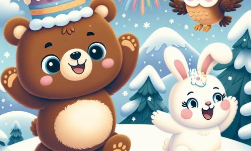 A fluffy brown bear named Benny, with a big smile and sparkling eyes, is joyfully jumping at the top of a snowy hill, wearing a colorful cake-shaped hat. Next to him, a small white bunny named Tilly, with big ears and a carrot-shaped hat, is laughing and raising her paws in excitement. A wise owl named Sammy, with brown feathers and round glasses, is perched on a nearby tree branch, hooting happily and watching his friends with an amused expression. The landscape is enchanting, with snowflakes gently falling, twinkling stars in the night sky, and colorful fireworks bursting in the background. The scene exudes a festive and joyful atmosphere, capturing the spirit of New Year's celebration.