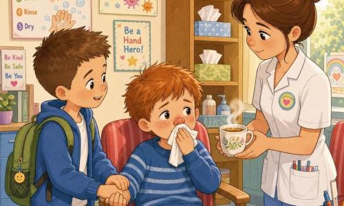An 8-year-old boy with a shiny red nose, round freckled face and a slightly tired but reassured expression wears a blue striped sweater and holds a white handkerchief to his nose; his 8-year-old friend with short brown hair and an encouraging smile holds his hand and carries a green backpack to the right; a female nurse in her 30s with a brown bun and white blouse with a colorful badge offers a cup of hot herbal tea while standing near a chair in a small, bright infirmary with cream walls, hand-washing posters, tissue boxes on a shelf and a window letting in soft afternoon light; the soothed boy receives friendly care as his friend supports him in a warm, tender scene with pastel colors, gentle lines and clear expressions.