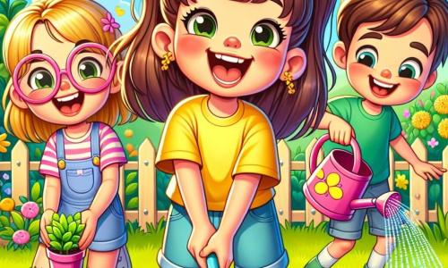 A 10-year-old girl, Olivia, with long brown hair in two ponytails, smiles joyfully, her cheeks flushed with excitement. She wears a bright yellow t-shirt and denim shorts, her hands dirty as she plants seeds in the garden. Next to her, Mia, another 10-year-old girl with blonde hair and pink glasses, laughs while holding a small shovel, ready to help. A boy named Ethan, also 10, with brown hair and sparkling eyes, waters the plants with a colorful watering can, focused on his task. The garden is a green space filled with rows of young plants, vibrant flowers, and a large blue sky dotted with white clouds. In this scene, the children enthusiastically work together, discovering the magic of nature and the joy of cultivating a garden.