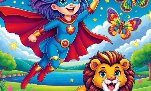 Una supereroina di nome Stella, una donna con capelli blu brillanti e un grande sorriso, vola nel cielo, il suo mantello rosso che fluttua dietro di lei, piena di determinazione e gioia. Al suo fianco, un leone coraggioso, con una criniera dorata e occhi brillanti, ruggisce con entusiasmo, mentre una piccola farfalla colorata, con ali multicolori, svolazza intorno a loro, portando un tocco di magia. Lo scenario è un paesaggio incantevole, con un cielo blu profondo punteggiato di stelle scintillanti, campi verdi e fiori dai colori vivaci che sembrano riprendere vita. La situazione principale mostra Stella, il leone e la farfalla mentre colorano il mondo, riempiendo l'aria di gioia ed energia, mentre usano i loro poteri per ridare vita ai colori scomparsi.