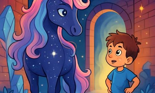 A magnificent unicorn, with a shimmering coat like a starry sky, stands majestically at the center of the scene. Its flowing mane, in pastel shades of pink, blue, and purple, sparkles under the soft light, while its silver eyes express wisdom and kindness. It looks on with joyful curiosity, ready to guide.

Next to it, a ten-year-old boy with tousled brown hair and sparkling eyes of wonder observes the unicorn with fascination. He wears a blue t-shirt and denim shorts, standing slightly back with his hands on his hips, as if trying to understand what is happening.

The setting is a magical alley, where brick walls transform into sparkling crystals. Twinkling lights float in the air, and luminescent flowers grow between the cracks of the cobblestones. The sky is a deep blue, dotted with bright stars.

The main scene shows the unicorn and the boy preparing to enter a mysterious passage surrounded by shimmering mist that seems to call them. They are about to discover an ancient secret that could change their world forever.