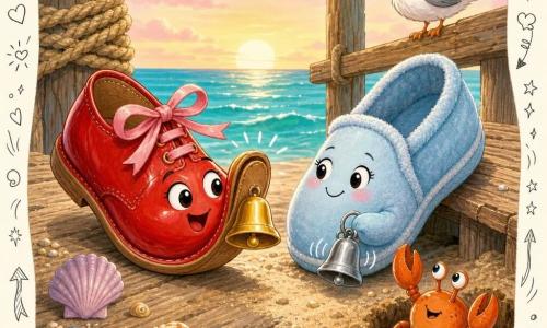 Snappy, a small shiny red shoe with pink ribbon laces and expressive eyes drawn on the toe, leans forward like a curious detective holding a bright bell between her 