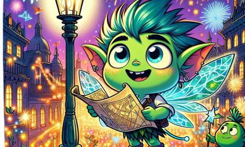 Twinkle, a small sprite with sparkling emerald wings and bright blue hair, stands on a lamppost, eyes shining with excitement and a wide smile on his face. He holds an ancient map in his tiny hands, gazing in wonder at the city lights. Next to him, Zibble, a chubby goblin with green skin and mischievous sparkling eyes, brandishes a sparkling wand, his face lit up with the joy of adventure. He stands slightly behind, ready to follow Twinkle on his quest. The scene takes place in the beautiful city of Lumino, where fireworks burst in the night sky, illuminating the buildings adorned with twinkling garlands. The streets are lively, filled with festive creatures and colorful lanterns floating in the air. Twinkle and Zibble are preparing to embark on a treasure hunt, their hearts racing with excitement as the festive atmosphere envelops them in palpable magic.