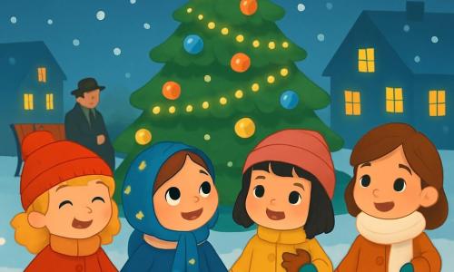 There are 4 children: Lily, a 5-year-old girl with curly blonde hair and a red pom-pom hat, smiles joyfully while holding her friends' hands; Mira, also 5, with brown hair and a starry blue scarf, gazes at the sky in wonder, holding a small star-shaped lantern; Jojo, a 5-year-old with black hair and a pink beanie, holds a heart-shaped cookie ready to share; and Noor, a 5-year-old with chestnut hair and a soft white scarf, smiles kindly while holding an extra scarf. The children are gathered around a large Christmas tree adorned with sparkling garlands and colorful ornaments. Snow gently falls, covering the ground with a soft white blanket. In the background, warmly lit houses shine like stars. The main scene shows the four girls holding hands, ready to smile at a stranger sitting on a bench, a man in a hat watching them curiously. The air is filled with Christmas magic, and snowflakes dance around them, creating a warm and joyful atmosphere.