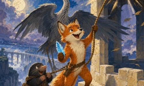 Main character: a young red fox (Lumen) with bright orange fur and white chest, curious determined eyes, joyful relieved expression, pulling a bell rope with his front paws and holding a small blue feather-shaped crystal near him in his other paw; secondary 1: a tall gray heron (Sable) with smooth plumage and calm proud gaze, wings partly spread behind the fox as if supporting him, perched on the tower edge to his right; secondary 2: a stocky little mole (Grub) with dark fur streaked with dirt, mischievous but breathless eyes, clinging to the fox’s belt by a rope and standing on the tower steps to his left; location: summit of a pale stone tower clinging to a cliff above a deep chasm, night sky clearing after a storm with torn clouds, a mist-and-light skybridge visible behind the tower, moonlight and rain-sparkles on the stones; main situation: a dramatic triumphant moment as the fox rings the bell—vibrations shown as streaks of light, wind tousling feathers and fur, atmosphere of calm and shared victory.