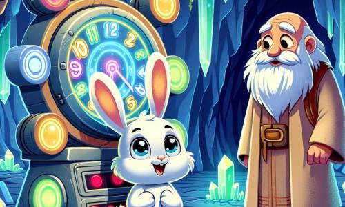Un pequeño conejo llamado Toby, con pelaje blanco y grandes orejas, está en el centro de la imagen, con los ojos muy abiertos de asombro, mientras se encuentra frente a una máquina del tiempo, brillante y colorida, con botones luminosos. A su lado, un viejo sabio con larga barba blanca y túnica beige, sonriendo con benevolencia, observa a Toby con orgullo, manteniéndose ligeramente en segundo plano, como si lo cuidara. La escena se desarrolla en una cueva misteriosa, donde cristales brillantes iluminan las paredes y lianas verdes cuelgan del techo, creando una atmósfera mágica e intrigante. Toby, con una mezcla de emoción y curiosidad, duda en presionar un botón rojo brillante de la máquina, listo para entrar en un mundo de aventuras.