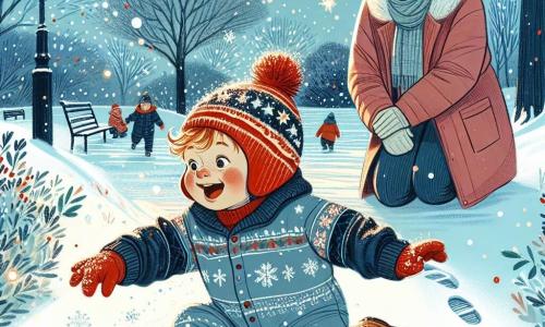 A one-year-old boy with rosy cheeks and messy blonde hair is sitting in the snow, laughing joyfully. He is wearing a blue winter suit with snowflake patterns and a red hat that gives him a mischievous look. Nearby, his mother, a woman in her thirties with brown hair in a bun and a warm pink coat, watches him with a tender smile, arms open for a hug. The setting is a winter park, with trees covered in sparkling snow, a light blue sky, and snowflakes gently falling. Footprints in the snow indicate that other children have played here. The main scene shows the little boy touching the snow in wonder while his mother lovingly encourages him, creating a warm and joyful atmosphere in the middle of winter.