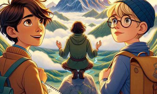Two boys, Leo and Max, aged 11, stand at the top of a majestic mountain. Leo, with messy brown hair and sparkling curious eyes, gazes in wonder at the landscape below. Max, with blonde hair and round glasses, holds a sketchbook, ready to note their discoveries. In the background, the mountain is surrounded by soft, fluffy clouds, while the sky is painted with warm colors at sunset, creating a magical atmosphere. Below, a vast green landscape stretches out, dotted with vibrant flowers and sparkling rivers. The scene depicts Leo and Max discussing with a wise hermit, sitting in meditation on a rock, surrounded by golden light. Inspired by the sage's words, the boys realize the importance of listening and learning in their quest for wisdom.