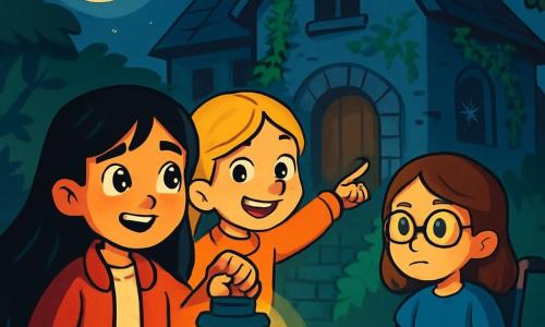 Há 3 personagens: - Luna: uma menina de 10 anos, com longos cabelos negros brilhantes e olhos cintilantes como estrelas. Ela usa uma jaqueta vermelha e segura uma lanterna que ilumina seu rosto curioso. - Rita: uma menina de 10 anos, com cabelos loiros trançados e um sorriso travesso. Ela veste um suéter laranja e está apontando para uma porta misteriosa, cheia de empolgação. - Sofia: uma menina de 10 anos, com cabelos castanhos e óculos redondos. Ela está sentada em sua cadeira de rodas, vestida com um vestido azul, e observa atentamente o velho casarão com uma expressão determinada. As três amigas estão diante de um velho casarão, um edifício abandonado coberto de hera e teias de aranha. A noite é escura, com uma lua brilhante que ilumina fracamente os contornos do edifício. Sombras dançam nas paredes, criando uma atmosfera misteriosa e intrigante. A cena principal mostra as meninas prontas para entrar no casarão, seus rostos iluminados pela lanterna de Luna, enquanto uma brisa leve faz as folhas das árvores ao redor tremularem. O ar está carregado de suspense, e uma porta rangente parece convidá-las a descobrir os segredos escondidos dentro.