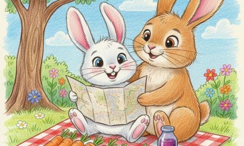 A small fluffy white rabbit with pink ears and bright round eyes smiles while holding a glittery card, sitting on a red-and-white check blanket; a large warm brown father rabbit with slightly gray whiskers stands behind, hugging him and looking at the card with tender surprise. On the blanket are bright orange carrots, shiny red apples and a small dark purple berry juice bottle. The background shows a leafy tree with a cracked trunk, colorful wildflowers and a pale blue sky with fluffy clouds, drawn with soft pencil strokes—bright, with visible pencil texture, saturated colors and slightly sketchy outlines, conveying warmth, tenderness and a simple Father’s Day celebration.