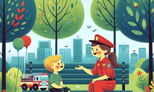 Een brandweervrouw, Lisa, zit op een bank in een zonnig park. Ze heeft bruin haar in een paardenstaart en draagt een rood uniform met een pet. Haar gezicht straalt vreugde en trots uit terwijl ze een klein brandweerauto in haar handen houdt en haar verhaal deelt met een warme glimlach. Naast haar staat een jongen genaamd Tim, ongeveer 7 jaar oud, met een grote rode ballon in zijn hand. Hij heeft tousled blond haar en draagt een blauwe t-shirt met een korte broek. Zijn uitdrukking is verwonderd, met glanzende ogen van opwinding terwijl hij aandachtig naar Lisa luistert. De locatie is een groen park met grote bomen, kleurrijke bloemen en een heldere blauwe lucht met enkele witte wolken. Vogels zingen in de takken, wat een vredige sfeer aan de scène toevoegt. De hoofdsetting toont Lisa die haar werk als brandweerman uitlegt aan Tim, die gefascineerd is door haar verhalen over avonturen en moed. Samen delen ze een moment van leren en dromen, omringd door de schoonheid van de natuur.