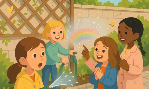 Vier meisjes van ongeveer 9 jaar: links een bruinharig meisje in paardenstaart met een kleine sproeier die naar de waternevel kijkt; in het midden achter haar een kortblond meisje met een muntgroene trui dat een tuinslangklep draait en lacht; rechts een zwartgevlochten meisje in een lichtroze jas dat naar een mini‑regenboog wijst; net naast haar een kastanjebruin meisje met blauwe jas en een gieter dat klapt; locatie een klein buurtpark in de lente met een stenen muur begroeid door blauweregen met paarse trosjes, lichte kasseien, bloembedden met donkere aarde en jonge groene scheuten, ochtendzon rechtsboven, een paar gele vlinders en een fijne nevel van druppels; hoofdactie: de kinderen maken een klein kunstmatig regenboogje door water te vernevelen, met fonkelende nevel en een mini‑regenboog (rood, oranje, geel, groen, blauw, paars), verwonderde gezichten, dynamische gebaren, licht natte kleding, frisse vrolijke kleuren, scherpe contouren en zachte schaduwen.