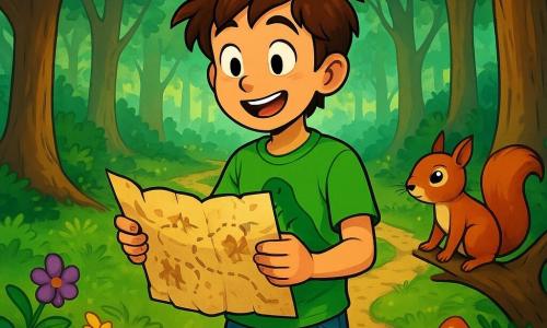 Ein 12-jähriger Junge namens Lukas steht am Rand eines Waldwegs, sein Gesicht strahlt vor Aufregung und Neugier. Er hat zerzauste braune Haare, lebhafte Augen und trägt ein leuchtend grünes T-Shirt mit einem Dinosaurier-Motiv sowie Jeansshorts. In seiner Hand hält er eine leicht zerknitterte alte Schatzkarte, die er aufmerksam betrachtet. Neben ihm nähert sich ein kleiner, neugieriger Eichhörnchen mit leuchtenden Augen und rötlichem Fell, das auf einem niedrigen Ast sitzt und bereit ist, bei der kleinsten Gefahr zu fliehen. Der Ort ist ein großer, geheimnisvoller Wald mit majestätischen Bäumen, leuchtend grünen Blättern und Sonnenstrahlen, die durch das Blätterdach filtern und Lichtmuster auf den moosbedeckten Boden werfen. Bunte Blumen und seltsame Pilze schmücken den Unterholz und verleihen der Umgebung einen Hauch von Magie. Lukas steht vor einer Weggabelung, zögert zwischen drei Richtungen, sein Herz schlägt schnell, während er sich fragt, welcher Weg ihn zum versteckten Schatz führen wird.