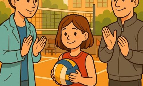 Ci sono tre personaggi: una bambina di circa 11–12 anni con capelli castano chiaro, medi e pratici, in maglia rossa e short che tiene un pallone da volley vicino al petto e sorride timidamente al centro, leggermente avanti; una donna (madre) di 35–40 anni con capelli castani raccolti in uno chignon, cappotto azzurro, volto dolce che applaude a sinistra; un uomo (padre) di 35–40 anni con capelli corti castani e giacca sportiva grigia, postura eretta, che applaude con orgoglio a destra; luogo: piccolo campo da volley all'aperto vicino a una scuola con rete, gradinata bassa e bandiera di squadra, luce calda di fine pomeriggio; situazione: la bambina ha appena effettuato un servizio e si trova al centro tra i due genitori che applaudono separati ma simultaneamente, atmosfera positiva e distacco rispettoso tra i genitori.