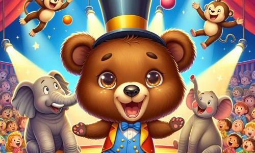 Un pequeño osito llamado Tito, con pelaje marrón y ojos brillantes de alegría, lleva un gran sombrero colorido que le cae sobre las orejas. Está bailando en el centro de la pista del circo, con una amplia sonrisa iluminando su rostro, mientras agita una pequeña varita mágica. A su derecha, un elefante llamado Paco, con grandes orejas y piel gris, salta alegremente sobre una bola, mostrando una expresión de orgullo y diversión. A su izquierda, un mono travieso llamado Manolo, con pelaje marrón claro y cola enroscada, hace malabares con naranjas, riendo y haciendo muecas al público. El lugar es una gran carpa de circo, adornada con colores vivos: rojo, amarillo y azul, con banderines ondeando al viento. Espectadores maravillados se agrupan alrededor de la pista, aplaudiendo y riendo, mientras luces centelleantes iluminan la escena. La situación principal muestra a Tito, el pequeño oso, divirtiéndose en el circo, rodeado de sus amigos animales, todos realizando números increíbles, creando una atmósfera de magia y alegría.