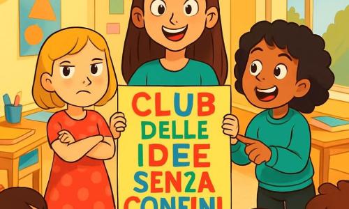 Ci sono 3 personaggi: - Sofia: una ragazza di 10 anni con lunghi capelli castani, indossa una maglietta blu e jeans. È in piedi al centro, sorridente, con un grande cartello colorato con la scritta “CLUB DELLE IDEE SENZA CONFINI”. - Marta: una ragazza di 10 anni con capelli corti e biondi, indossa un vestito rosso a pois. Si trova a sinistra di Sofia, con le braccia incrociate, mostrando un'espressione determinata. - Giulia: una ragazza di 10 anni con capelli ricci e neri, indossa una felpa verde e pantaloni neri. È a destra di Sofia, mentre indica il cartello con entusiasmo. La scena si svolge nell'atrio luminoso della scuola, con pareti dipinte di giallo e finestre aperte che lasciano entrare la luce del sole. I muri sono decorati con manifesti colorati e tavoli di legno sono disposti intorno, pieni di libri e materiale scolastico. Le tre amiche presentano il loro progetto di club ai compagni, circondate da volti curiosi e interessati. Le ragazze sono piene di energia, pronte a condividere le loro idee e a promuovere l'uguaglianza di genere.