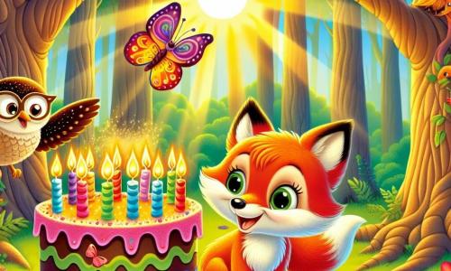Un piccolo volpe dal pelo rosso brillante e dagli occhi grandi e scintillanti di gioia si trova davanti a una grande e colorata torta di compleanno con candele accese. Sorride ampiamente, con le orecchie rizzate, pronto a soffiare sulle candele. Accanto a lui, una delicata farfalla dalle ali multicolori vola gioiosamente, danzando attorno alla torta. Un saggio gufo, con piumaggio marrone e occhiali tondi, è appollaiato su un ramo, cantando una melodia festosa per celebrare il compleanno della volpe. La scena si svolge in un magnifico bosco incantato, con grandi alberi dai tronchi nodosi e fiori colorati sul terreno verde. I raggi di sole filtrano tra le foglie, creando un'atmosfera calda e festosa. Il piccolo volpe, circondato dai suoi amici, è pronto a soffiare sulle candele della sua torta di compleanno, mentre risate e canti risuonano nell'aria, celebrando questo momento magico di amicizia e gioia.