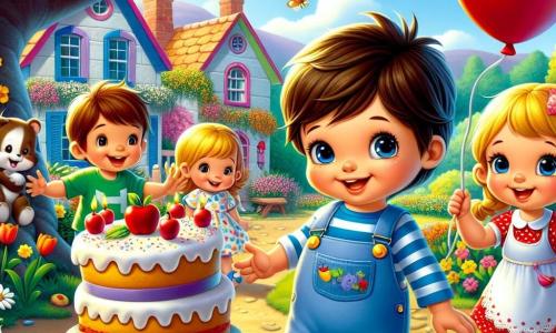 In un piccolo villaggio colorato, Leo, un bambino di un anno e mezzo, ha i capelli castani e gli occhi scintillanti. Indossa una bella salopette blu e sorride gioiosamente. Accanto a lui, Mia, una bambina di 3 anni, ha i capelli biondi intrecciati e indossa un vestito rosso a pois. Tiene un grande pallone rosso che fluttua nell'aria. Marco, un bambino di 4 anni, ha i capelli castani e indossa una maglietta verde. Tiene una deliziosa fetta di torta di mele, pronto a darla a Leo. Il luogo è un giardino soleggiato, pieno di fiori colorati: tulipani gialli, rose rosa e margherite bianche. Il cielo è di un blu brillante e un grande albero ombreggiante si erge sullo sfondo, con i suoi rami che offrono rifugio agli uccelli cantanti. La scena principale mostra Leo, Mia e Marco che festeggiano il compleanno di Leo, circondati da risate e gioia, con coriandoli che volano nell'aria e un grande tavolo decorato con palloni e torte, creando un'atmosfera festosa e magica.