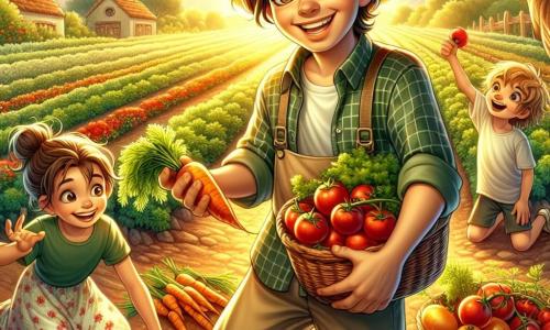 Un giovane di nome Marco, sorridente e gioioso, è al centro dell'immagine. Indossa un cappello di paglia, una camicia a quadri e pantaloni di tela. I suoi capelli castani sono leggermente scompigliati dal vento, e tiene un cesto pieno di ortaggi colorati, come pomodori rossi e carote arancioni. Accanto a lui, una ragazza di nome Sara, di circa 8 anni, con lunghi capelli castani e un vestito a fiori, guarda con meraviglia gli ortaggi che ha appena raccolto. È accovacciata, tiene una carota tra le mani e sorride. Un ragazzo di nome Luca, anch'egli di 8 anni, si trova dietro Marco, con capelli biondi arruffati e una maglietta verde. Allunga la mano per prendere un pomodoro, visibilmente eccitato. La scena si svolge in un campo verde, illuminato dalla luce dorata del sole al tramonto, con file di ortaggi colorati che si estendono a perdita d'occhio e alberi da frutto che bordano il campo. Marco e i bambini stanno raccogliendo ortaggi, ridendo e divertendosi insieme, mentre scoprono la bellezza dell'agricoltura e il piacere di lavorare la terra.