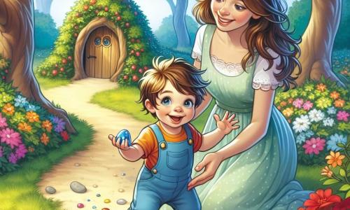 Un bambino di un anno, di nome Luca, è al centro dell'immagine. Ha grandi occhi curiosi, capelli castani disordinati e un sorriso splendente. È accovacciato per terra, tiene in mano un sasso blu e ha un'espressione di meraviglia sul volto. Accanto a lui c'è sua madre, una donna di circa 30 anni, con lunghi capelli castani e un sorriso caloroso. È in piedi, leggermente inclinata verso Luca, incoraggiandolo con tenerezza. Indossa un vestito leggero e colorato ed è felice di condividere questo momento d'avventura con suo figlio. Lo sfondo è un parco verde, pieno di alberi maestosi e fiori multicolori. Luca, meravigliato, sta scoprendo un sasso rosso all'interno di una porta dell'albero, mentre sua madre lo osserva con orgoglio. L'atmosfera è gioiosa e curiosa, illustrando lo spirito d'avventura di un piccolo investigatore in erba.