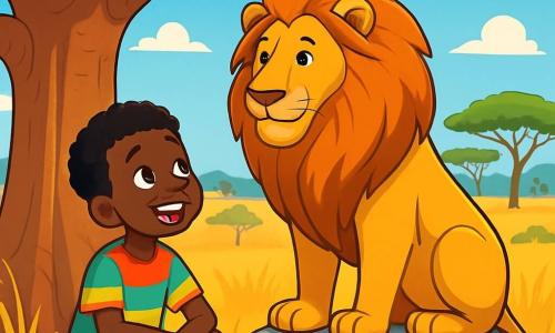 Kofi, ein achtjähriger Junge mit leuchtenden Augen und einem breiten Lächeln, sitzt unter einem großen Baobab und hört aufmerksam der Stimme des weisen Löwen Nia zu. Nia, ein majestätischer Löwe mit goldener Mähne, steht stolz auf einem Stein und blickt Kofi freundlich an. Die sonnige Savanne ist mit hohen goldenen Gräsern und einigen Akazien übersät, der Himmel ist strahlend blau mit ein paar weißen Wolken. Im Hintergrund sind Silhouetten von Wildtieren zu sehen, die der Szene Leben verleihen. Kofi ist fasziniert und aufmerksam, während er von Löwe Nia über die Bedeutung von Zuhören und Geduld lernt, um Wasser für sein Dorf zu finden.