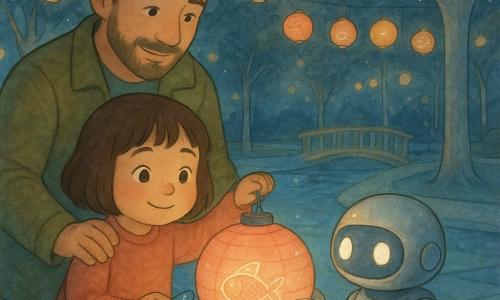 Una niña de 4 años de cara redonda, pelo castaño corto, sonrisa tímida y ojos maravillados sostiene una pequeña llavita azul y toca suavemente un farolillo rosa para encenderlo; detrás, un hombre adulto (padre, unos 35 años) con ligera barba y abrigo kaki la sujeta del hombro con mirada protectora y sonrisa serena; un robot pequeño y redondo, Nori, de cuerpo cromado mate con ruedas y ojos luminosos está agachado junto al farolillo extendiendo un brazo mecánico para poner una pequeña parche transparente; la escena transcurre de noche en un parque urbano futurista con senderos lisos de reflejos azulados, árboles de troncos plateados, bancos redondos y decenas de farolillos de tela colgados, con texturas y costuras visibles, motivos de peces y lunas y tonos cálidos (amarillo, naranja, rosa) con halos suaves; todo junto a un pequeño puente de madera clara sobre un suelo empedrado con líneas verdes y azules que guían el paso, en una atmósfera dulce y reconfortante, luz tenue, reflejos acuarelados y pequeñas estrellas blancas en los farolillos.