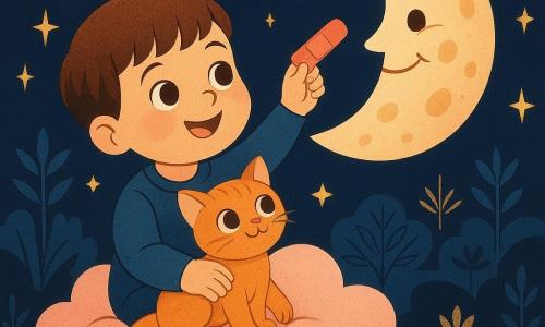 Un niño de 4 años, alegre y asombrado, de cabello castaño corto, mejillas redondas y ojos brillantes, extiende la mano con un pequeño vendaje rojo hacia la luna; un gatito naranja llamado Nube, pequeño, tierno y curioso, se acurruca junto al niño en la misma nube rosa; la Nube Rosa, redonda y esponjosa, funciona como una pequeña barquilla llevando a ambos; la luna sonriente, grande, pálida y ligeramente manchada como queso, muestra una expresión dulce y traviesa, cerca pero fuera de alcance; el escenario es un jardín nocturno visto desde arriba con estrellas centelleantes en guirnaldas doradas, siluetas estilizadas de árboles y flores gráficas, paleta rosa pálido, azul noche y oro; escena principal centrada: el niño extiende el brazo hacia la luna desde la nube rosa en un momento tierno y cómico, con líneas depuradas y formas geométricas art déco.