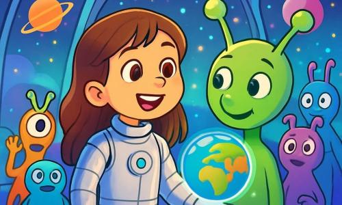 Una niña de 8 años, Lucía, con largos cabellos castaños y ojos brillantes de curiosidad, se encuentra en el centro de una sala extraterrestre. Lleva un traje espacial plateado que brilla bajo las luces multicolores, su rostro expresa una gran alegría y una leve sorpresa. A su lado, un extraterrestre de grandes antenas y piel verde, con ojos redondos y amistosos, la observa con una sonrisa cálida. Al fondo, un grupo de otros extraterrestres de formas variadas y colores vivos se muestra, todos curiosos y fascinados por la presencia de Lucía. El lugar es una inmensa sala circular, adornada con luces centelleantes y paredes translúcidas que dejan entrever paisajes estelares en el exterior, con planetas coloridos y estrellas brillantes. La escena principal muestra a Lucía, maravillada, extendiendo la mano hacia un holograma flotante que representa la Tierra, mientras los extraterrestres la rodean, listos para hacerle preguntas sobre su planeta.