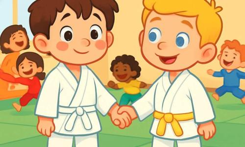 Un ragazzino di 4 anni, Leo, con i capelli castani disordinati e occhi pieni di curiosità, indossa un judogi bianco che fluttua intorno a lui. Ha un sorriso incerto, ma le guance sono rosse dall'eccitazione. Accanto a lui, Tommaso, un bambino di 5 anni con capelli biondi e occhi azzurri, lo guarda con un sorriso incoraggiante, pronto a giocare. Si trovano in una sala di judo luminosa, con tatami verdi e pareti decorate con medaglie brillanti. La scena principale mostra Leo e Tommaso mano nella mano, pronti a partecipare a un gioco di gruppo, circondati da altri bambini che si divertono e ridono, creando un'atmosfera gioiosa e dinamica.