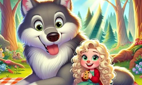 A 5-year-old girl named Lily, with beautiful curly blonde hair and sparkling joyful eyes, is sitting on a red and white checkered blanket in a sunny clearing. She is smiling widely, holding a cookie in her hand, ready to share. Next to her is a large gray wolf with soft, shiny fur and friendly round eyes, looking at Lily with curiosity and wonder. He is sitting on his hind legs, appearing relaxed and happy, with a plate of sandwiches in front of him. The setting is an enchanted forest with majestic trees, thick trunks, and vibrant green leaves. Colorful flowers dot the ground, and rays of sunlight filter through the branches, creating a warm and welcoming atmosphere. The main scene shows Lily and the wolf sharing a joyful moment during a picnic, surrounded by delicious treats, while curious villagers slowly approach, intrigued by this unexpected friendship.