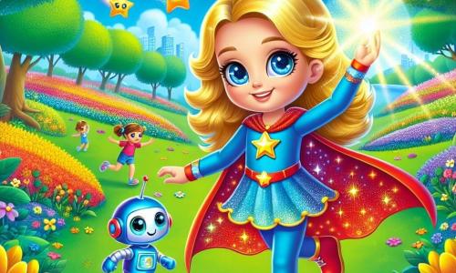 No centro da imagem, Luzia, uma jovem super-heroína de cerca de 10 anos, se apresenta orgulhosamente. Ela tem cabelos dourados que brilham como raios de sol e olhos azuis cheios de determinação. Usa uma capa vermelha decorada com estrelas cintilantes e um traje azul vibrante. Luzia sorri confiante, levantando uma mão para liberar sua luz mágica que ilumina tudo ao seu redor. À sua direita, Zippy, um pequeno robô prateado com grandes olhos redondos e um sorriso amigável, pula de excitação, apontando para o céu onde nuvens escuras começam a se dissipar. À esquerda, Tico, um pássaro azul vibrante, voa graciosamente, criando um redemoinho de vento com suas asas, ajudando a dispersar as nuvens escuras que ameaçam a cidade. O cenário se passa em um parque colorido, repleto de flores vibrantes sob um céu azul claro, com crianças brincando ao longe. A cena principal mostra Luzia, Zippy e Tico unidos na luta contra o vilão Sombrio, que está desaparecendo sob a luz radiante de Luzia, trazendo luz e alegria à cidade.