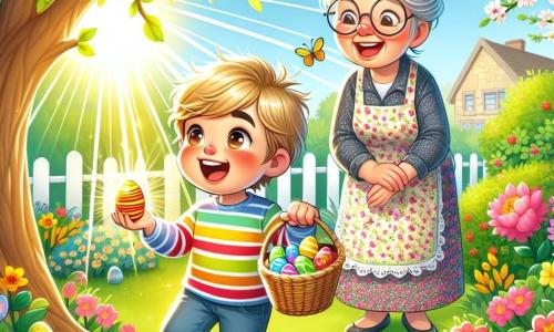 Ein vierjähriger Junge namens Max mit zerzausten blonden Haaren und neugierigen, funkelnden Augen sucht in einem sonnigen Garten nach Ostereiern. Er trägt ein bunt gestreiftes Hemd und gelbe Gummistiefel, und sein Gesicht zeigt große Aufregung und Staunen. Neben ihm steht seine Großmutter, eine etwa 65-jährige Frau mit grauen Haaren im Dutt und runden Brillen, die warm lächelt. Sie trägt eine blumige Schürze und hält einen Korb voller bunter Eier, während sie Max stolz beobachtet. Der Garten ist mit leuchtenden Blumen, grünen Sträuchern und einem großen blühenden Apfelbaum gefüllt, was eine fröhliche und frühlingshafte Atmosphäre schafft. Sonnenstrahlen filtern durch die Äste und beleuchten den Boden, wo bunte Ostereier versteckt sind. Die Hauptsituation zeigt Max, der sich hinter einem Busch hockt und ein glänzendes Osterei entdeckt, während seine Großmutter ihn mit einem wohlwollenden Lächeln ermutigt und eine Szene voller Magie und Glück schafft.