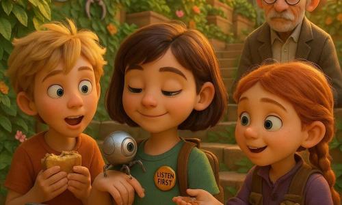 Mina, an 8-year-old girl with a bob of brown hair, smiling and focused, wears a 