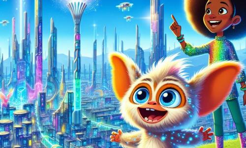 Mofel, een kleine Mofel met grote oren en een glanzende vacht als sterren, staat in het midden van de afbeelding met wijdopen ogen van vreugde en verwondering terwijl hij het futuristische landschap van Technopolis bekijkt. Naast hem wijst een jong meisje met kleurrijke haren en glinsterende kleding vol enthousiasme naar een grote machine die schittert, met een stralende glimlach op haar gezicht. Op de achtergrond strekt de stad Technopolis zich uit tot aan de horizon, met glazen wolkenkrabbers in futuristische vormen, hangende tuinen en drones die door een heldere blauwe lucht vliegen, wat een dynamische en magische sfeer creëert. De hoofdscène toont Mofel en het meisje die samen de wonderen van de stad ontdekken, vol opwinding en nieuwsgierigheid, klaar om een wereld te verkennen waar technologie en natuur samenkomen.