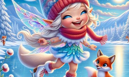 Nevaluna, una pequeña duende con alas cristalinas brillantes, patina alegremente sobre un lago helado, con sus ojos resplandecientes de felicidad y una gran sonrisa en su rostro. Lleva una adorada bufanda colorida y un gorro de lana, mientras sus pequeños patines brillan bajo el sol invernal. A su lado, Ruan, un zorrito escarlata de pelaje brillante y cola espesa, observa con entusiasmo, sus ojos chispeantes de orgullo y amistad. Se encuentra en la orilla, listo para animarla, con sus patas en la nieve brillante. El escenario es un paisaje invernal encantador, con árboles majestuosos cubiertos de nieve, copos que caen suavemente del cielo azul claro y colinas blancas hasta donde alcanza la vista. El lago, como un espejo, refleja las nubes esponjosas y el sol radiante. La escena principal muestra a Nevaluna deslizándose graciosamente sobre el hielo, riendo a carcajadas tras una ligera caída, mientras Ruan la aplaude con entusiasmo, creando una atmósfera de alegría y amistad en este paisaje invernal mágico.